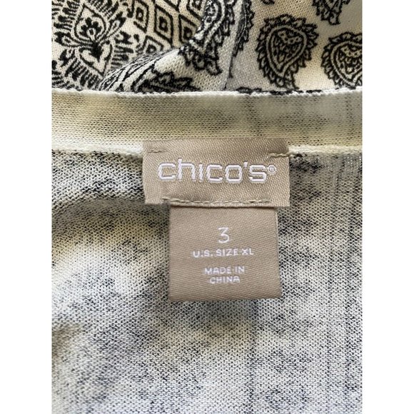 CHICOS Cardigan Sweater 3 XL Black White Handkerchief Print Ruched Sleeve 9424 - Picture 7 of 9